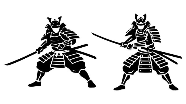 same Samurai in two fighting poses black and white shape vector illustrations