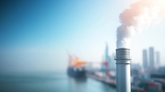 Smoke Stack Emissions: A towering smokestack billows thick white smoke into the atmosphere, set against a blurred urban backdrop, capturing the consequences of industrial emissions.