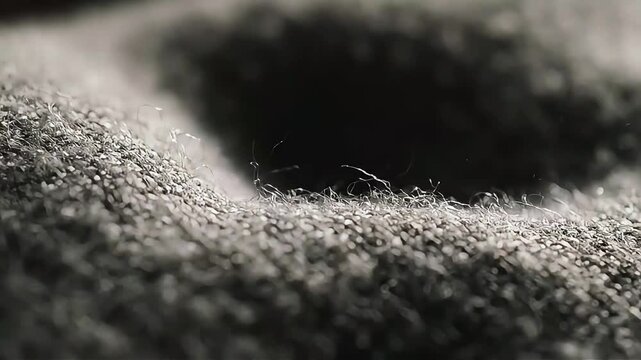 Close-up macro view of gray fuzzy textile fibers creating abstract patterns and textures