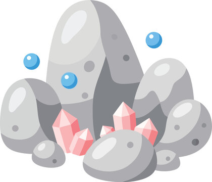 Geological deposite illustration featuring flat icon art surrounded by rocks and crystals in a simple, vector graphic style