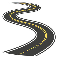 "Curved Two-Lane Road Illustration with Double Yellow Centerline and Dashed Edges"