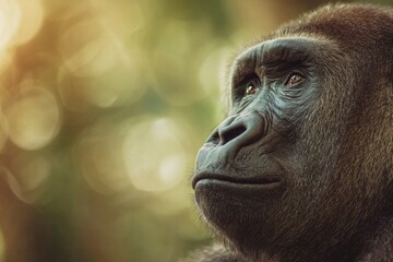 Obraz premium A majestic primate is captured in a captivating close-up, showcasing the intricate details of its powerful face. The subject's thoughtful expression conveys depth and intelligence, looking off into th