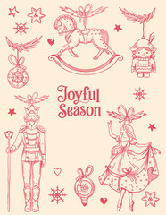 Vertical Christmas template featuring hand-drawn doodle holiday decoration in a coquette core style. Festive frame with copy space and fairy tale elements. Perfect for greeting card or posters