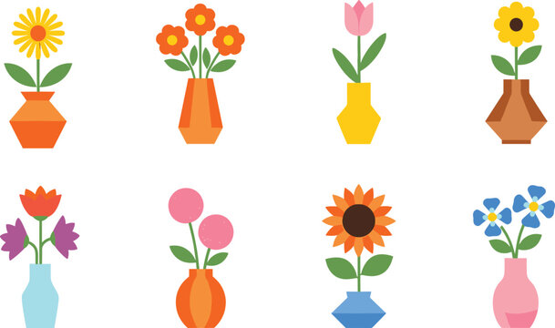 Flat vector flower vase set with colorful blossoms, sunflower, tulip, daisy, spring floral arrangements, home interior decor icons, botanical collection.