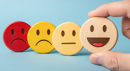 Hand holding a smiling wooden token among three other emotion tokens, showcasing various facial expressions on a blue background, representing feelings and emotional intelligence