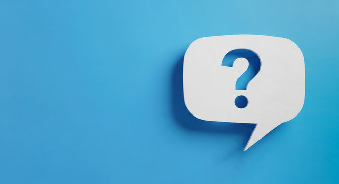 White speech bubble with a question mark cutout against a vibrant blue background, symbolizing inquiry and communication in a modern design