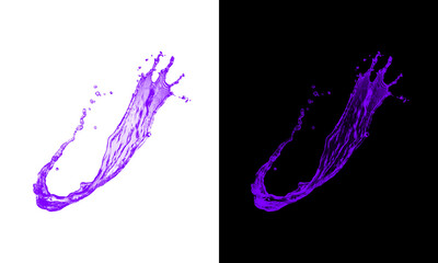 Rich violet liquid splash, frozen in action on transparent and black backgrounds, energetic fluid artistry, isolated.