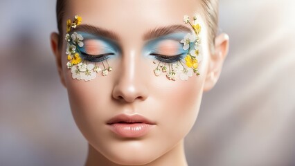Portrait with pastel blue and peach makeup, tiny flower accents on eyelids, soft glowing light