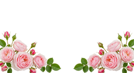 Beautiful pink roses arranged elegantly, creating a stunning floral border with vibrant green leaves and delicate buds. Isolated on transparent background