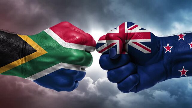 South africa vs new zealand rugby rivalry concept with clashing fists painted with national flags against stormy sky