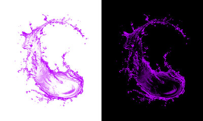 Vibrant purple liquid splash rendered dynamically in swirling wave form cutout on transparent and black backgrounds for advertising