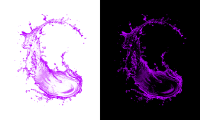 Vibrant purple liquid splash rendered dynamically in swirling wave form cutout on transparent and black backgrounds for advertising
