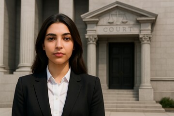 Portrait of young arab woman lawyer wearing dark suit at court.