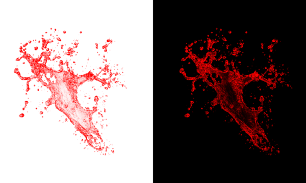 Intense red liquid burst splashing dramatically in chaotic shape cutout isolated on transparent checkerboard and dark background - Powered by Adobe
