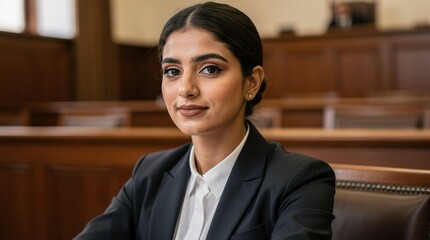 Portrait of young arab woman lawyer wearing dark suit at court.
