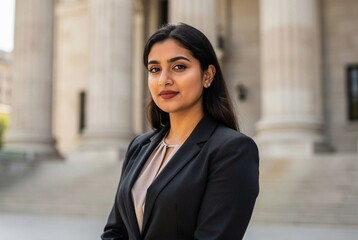 Portrait of young arab woman lawyer wearing dark suit at court.