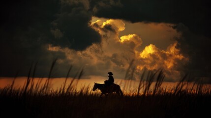 Fototapeta premium At sunset, a lonely Gao Qiao rode on horseback, facing the Pampas grassland. Inspiring travel planning designed specifically for outdoor magazines and nature guides.