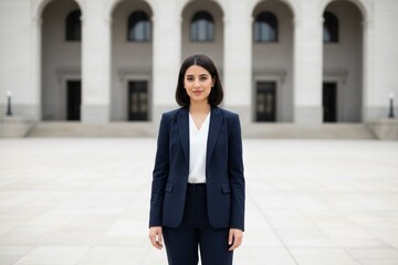 Portrait of young arab woman lawyer wearing dark suit at court.