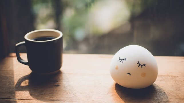 Cartoonish facepalm-shaped stress toy on a desk next to spilled coffee. wellbeing guides, coaching materials, designed for mental health education and mindfulness programs.
