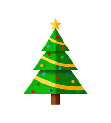 Festive Green Christmas Tree With Yellow Star and Colorful Ornaments on Transparent Background