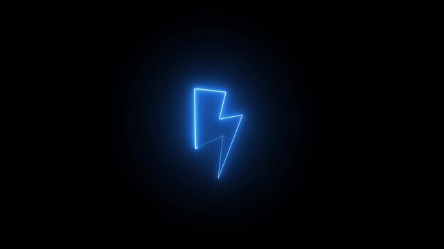A bright blue neon lightning bolt symbol glowing intensely against a completely black background creating a powerful visual representation of energy electricity or speed with a futuristic aesthetic