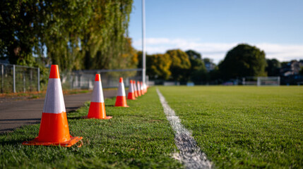 Orange training cones green school field with natural light and clear sky, outdoor sports concept