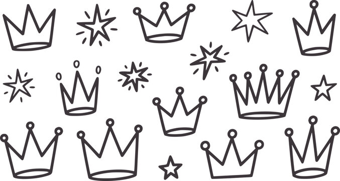 Hand drawn collection of crowns and stars simple outline symbol royalty king