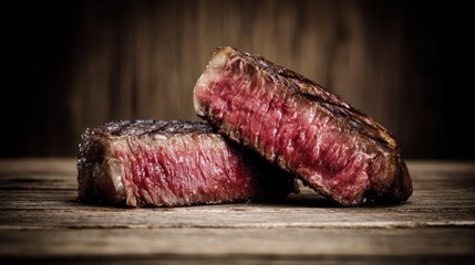 Charred ribeye steak with rich texture resting on rustic wood, emphasizing grilled flavor. menu design, packaging mockups, designed for food delivery and cloud-kitchen visuals.