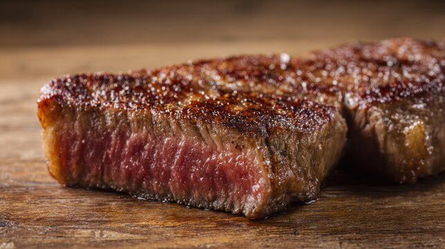 Juicy ribeye steak with visible grill marks, resting on a rustic wooden surface. menu design, packaging mockups, designed for food delivery and cloud-kitchen brand materials.