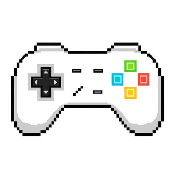 Pixel art video game controller with colorful buttons and joystick
