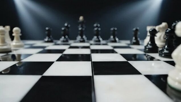Chessboard with pieces under dramatic lighting.