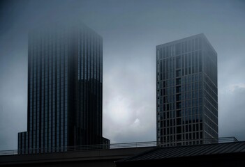 Modern skyscrapers in foggy weather