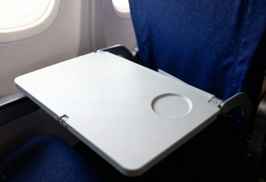 Empty airplane tray table folded down next to a window seat. Concept of air travel, transportation, and passenger comfort.