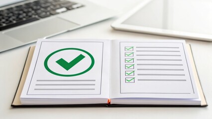 Online Application & Digital Access Open notebook with a checklist and checkmark symbol, placed on a desk with a laptop and tablet.