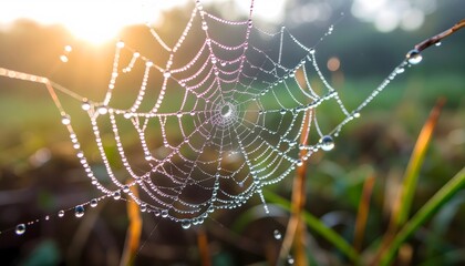 Backlit nature photograph of a perfectly symmetrical spider web covered with dewdrops glowing like crystal pearls in warm sunrise or sunset light