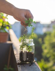 Urban gardening photograph of hands gently removing a small plant with roots from a glass jar on a balcony, highlighting care, growth, and nature in a city home