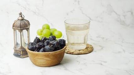 ramadan kareem background with dates, drink, fruit,  traditional lantern lamp isolated white...