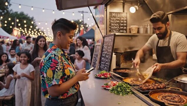A person ordering food from a food truck at a lively night market.