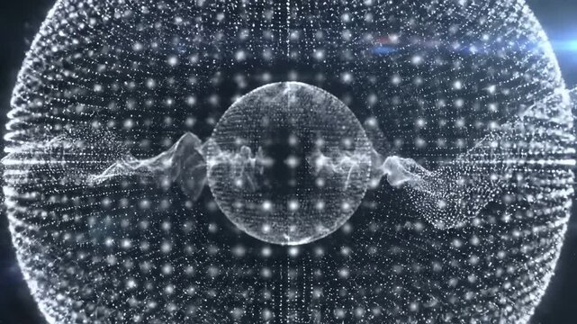 Digital cloud computing sphere with particle network and data flow visualization. Abstract technology concept represents storage infrastructure, connectivity, cyber architecture and modern information