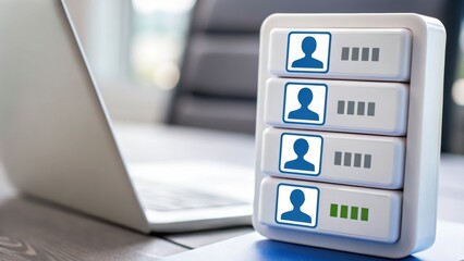 Online Application & Digital Access Digital identity management device beside a laptop on a desk.