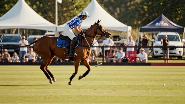 Exciting polo match in action with a player riding a horse and spectators enjoying the game