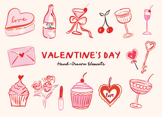 Hand Drawn Valentine Elements Collection in Pink and Red