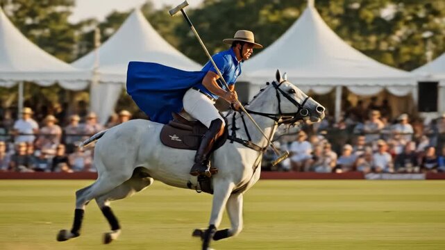 Exciting polo match with a player riding a horse and swinging a mallet during a thrilling game