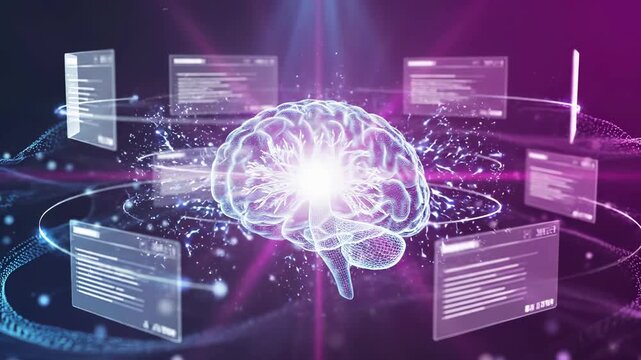 Digital brain hologram surrounded by interface panels and data networks. Artificial intelligence concept represents neural, machine learning, cognitive computing and advanced technology for processing