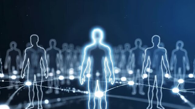 Glowing human figure stands out among silhouetted figures connected by network lines. Business leadership concept represents outstanding talent, team management, professional distinction and corporate