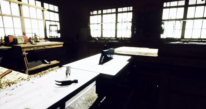 Warm light streams through dusty windows, casting shadows on a wooden workbench. Tools are scattered, revealing the artistry and craftsmanship that flourish in this cozy space, rich with history.