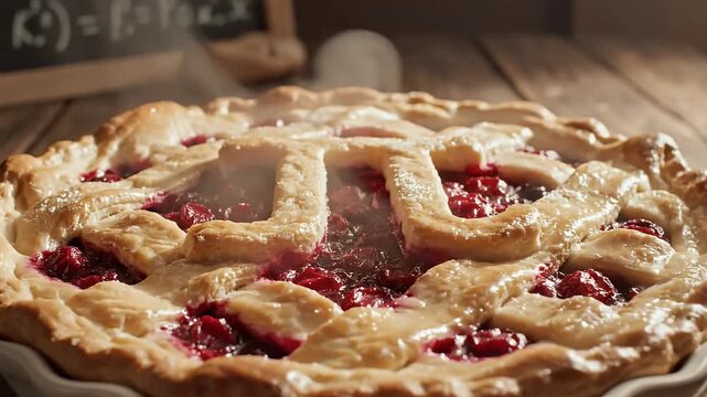 Pi Day baked fruit pie with Pi symbol cut into crust on table celebration concept