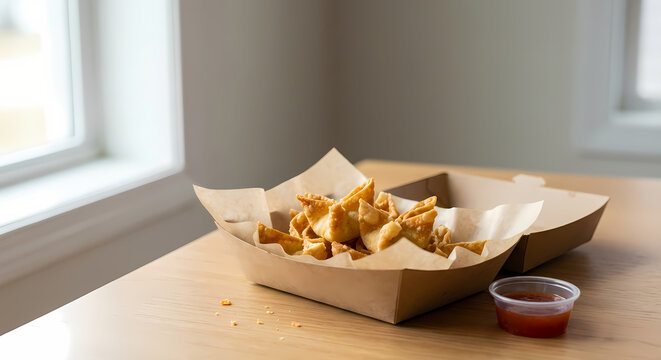 Crab rangoon takeout tray with sweet chili sauce, natural light