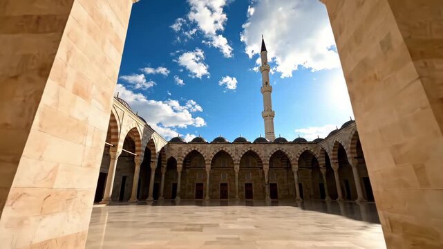 View through an arched stone portico into the courtyard of an ottoman mosque with a minaret visible against a bright blue sky