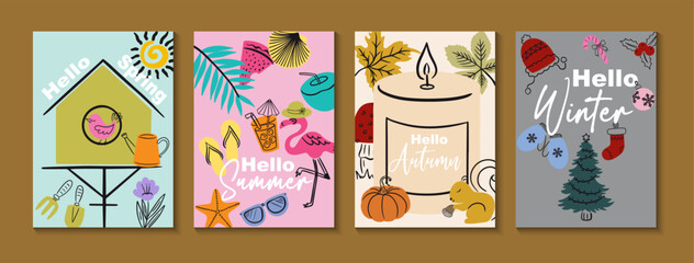 Hello Seasons Vector Greeting Cards Set